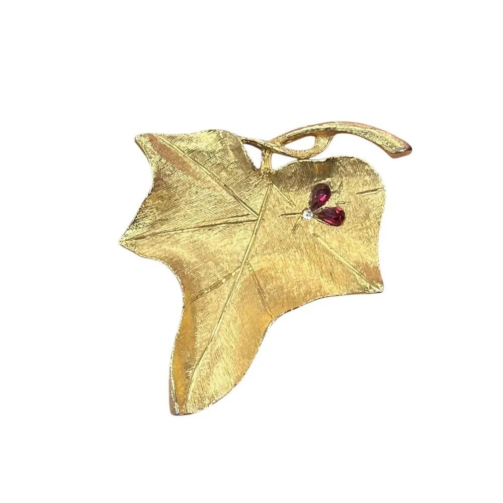 Vintage Leaf w/ Tiny Red Rhinestone Butterfly Brushed Gold Tone Large Brooch Pin